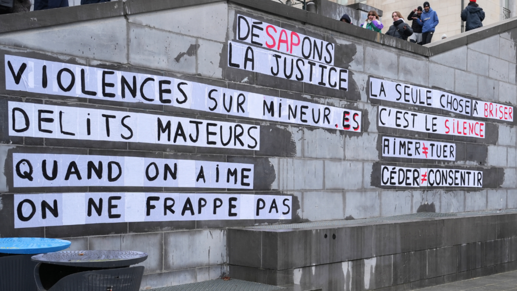 Image de collages féministes en lien avec la violence sexiste dans le cadre d'une manifestation