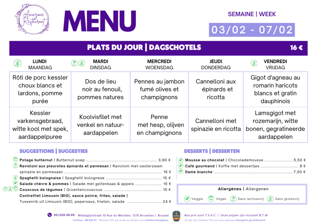 Menu restaurant Amazone